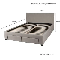 Weber Industries Lit LUGANO 140x190 + 1 sommier + 4 tiroirs / Gris clair Clearance