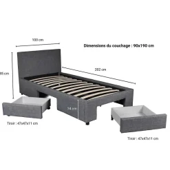 Weber Industries Lit LUGANO 90x190 + 1 sommier + 2 tiroirs / Gris foncé Clearance