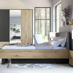 Meublorama Lit MELODY 160x200 cm Tete de lit rembourrée Noir graphite et chene clair Sommier et matelas non inclus Hot