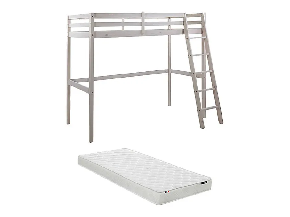 Vente-unique Lit mezzanine - 90 x 190 cm - Pin massif - Blanchi + matelas - GEDEON II New