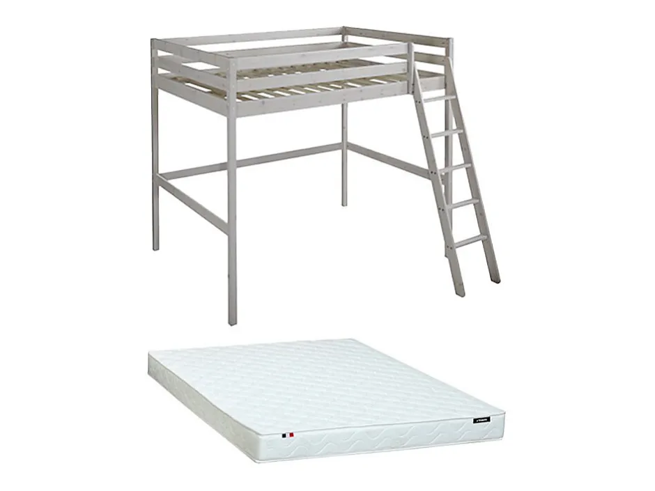 Vente-unique Lit mezzanine - 140 x 190 cm - Pin massif - Blanchi + matelas -GEDEON II
