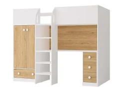 Vente-unique Lit mezzanine 90 x 190 cm avec armoire et bureau - Blanc et naturel - CINAMO Online