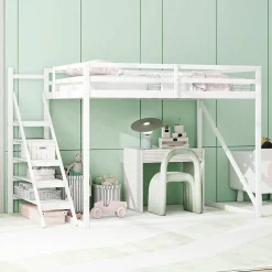 Okwish Lit Mezzanine - Lit enfant 140x200 cm avec Escalier Sécurisé, Structure Robuste MDF et Bois de Pin, Couleur Blanc