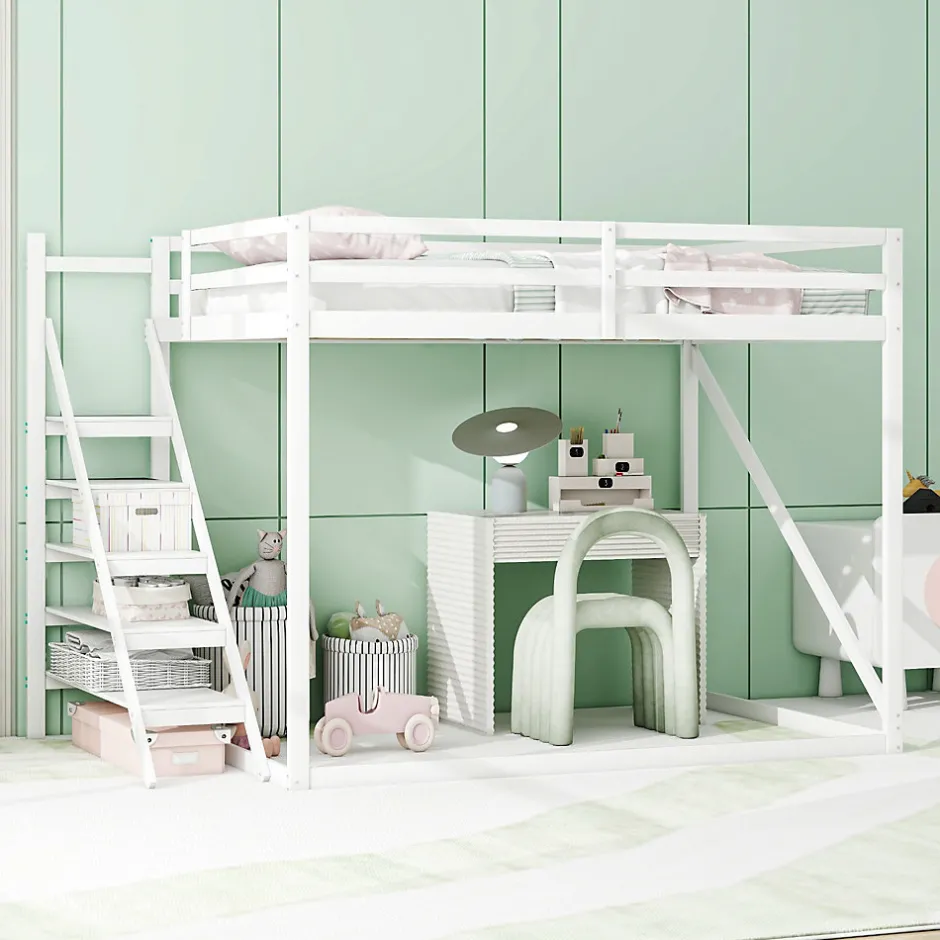 Okwish Lit Mezzanine - Lit enfant 140x200 cm avec Escalier Sécurisé, Structure Robuste MDF et Bois de Pin, Couleur Blanc