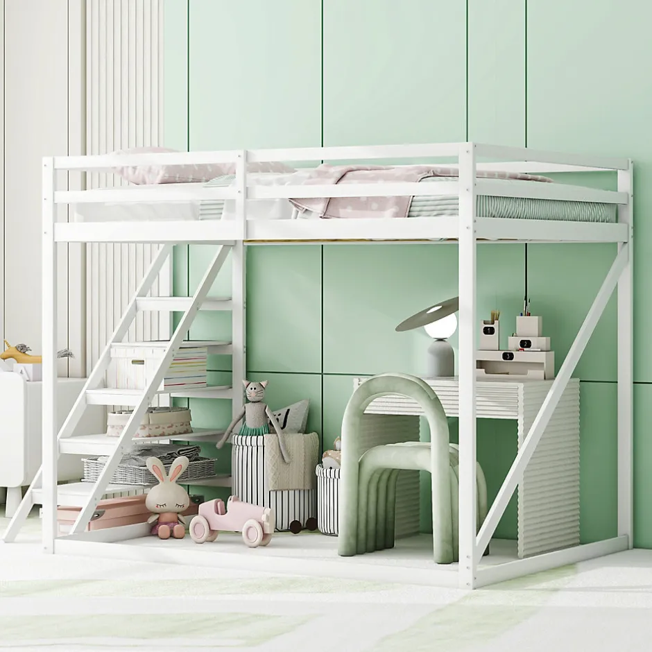 Okwish Lit Mezzanine - Lit enfant 140x200 cm avec Escalier Sécurisé, Structure Robuste MDF et Bois de Pin, Couleur Blanc