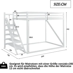 Okwish Lit Mezzanine - Lit enfant 140x200 cm avec Escalier Sécurisé, Structure Robuste MDF et Bois de Pin, Couleur Blanc