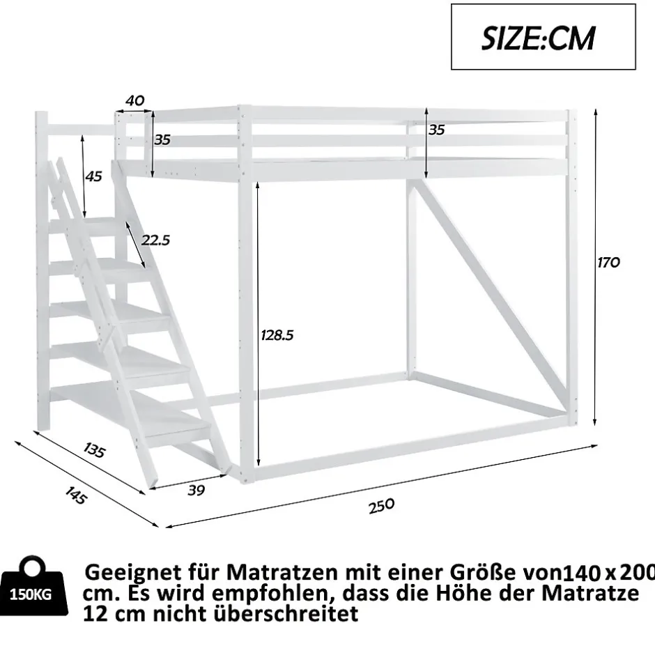 Okwish Lit Mezzanine - Lit enfant 140x200 cm avec Escalier Sécurisé, Structure Robuste MDF et Bois de Pin, Couleur Blanc