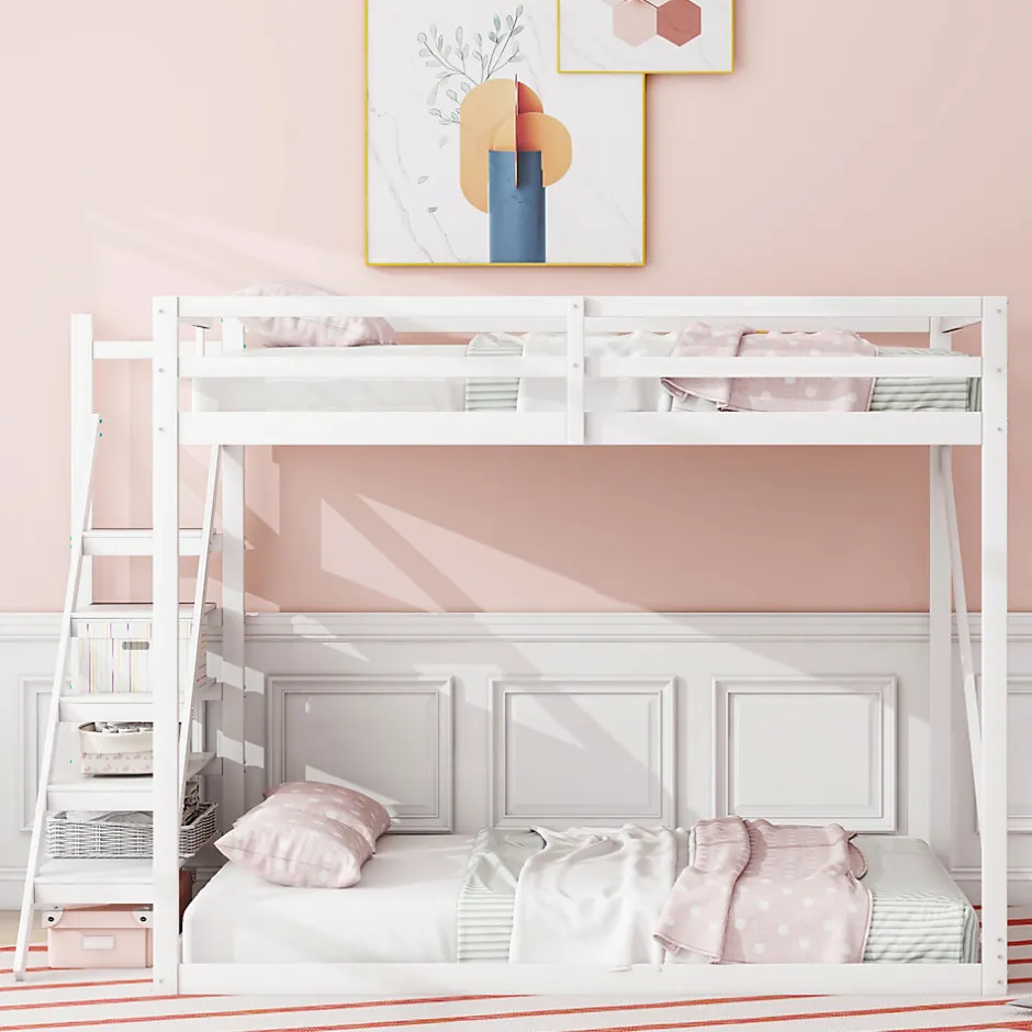 Okwish Lit Mezzanine - Lit enfant 140x200 cm avec Escalier Sécurisé, Structure Robuste MDF et Bois de Pin, Couleur Blanc