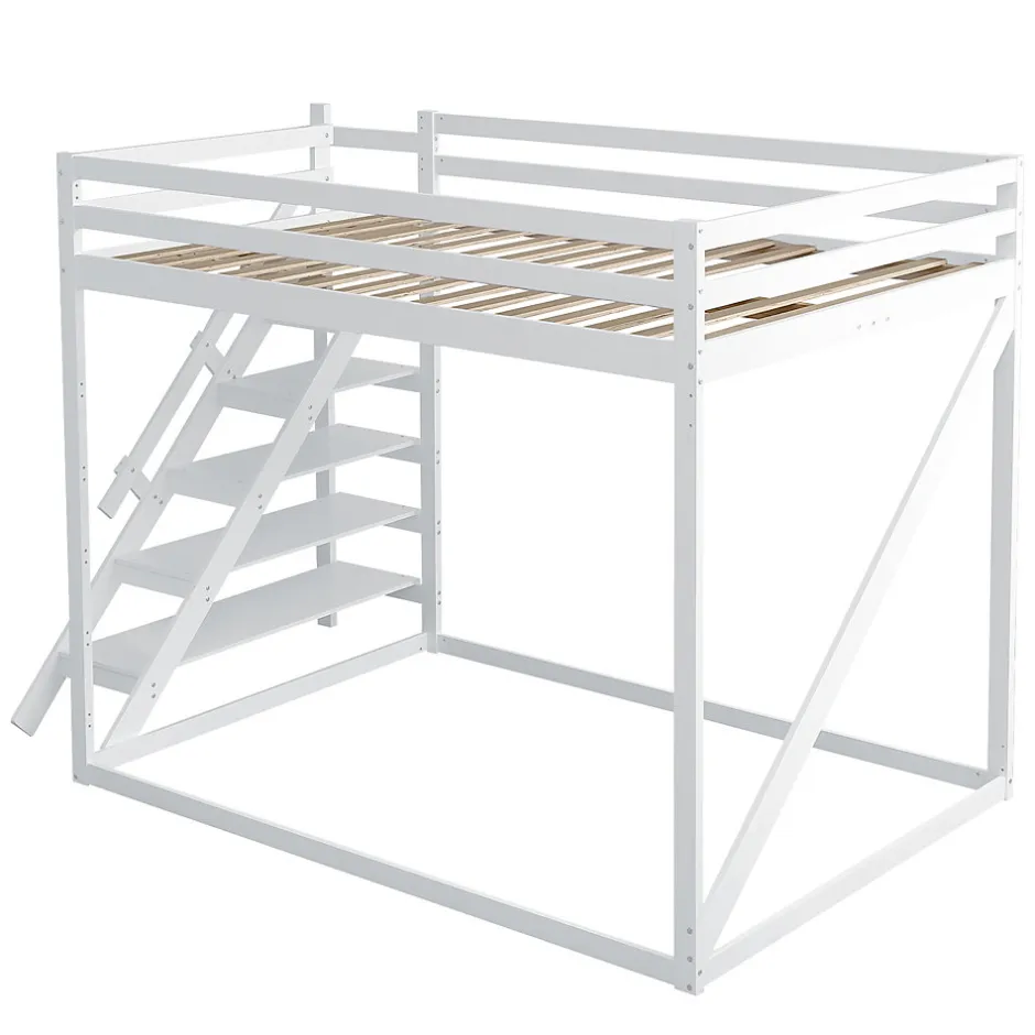Okwish Lit Mezzanine - Lit enfant 140x200 cm avec Escalier Sécurisé, Structure Robuste MDF et Bois de Pin, Couleur Blanc