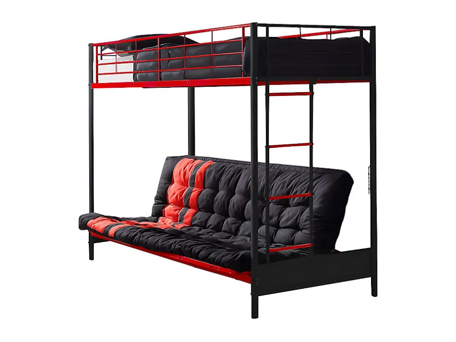 Vente-unique Lit mezzanine 90 x 190 cm - Avec banquette convertible - Métal - Noir et Rouge + Futon + Matelas - MODULO V