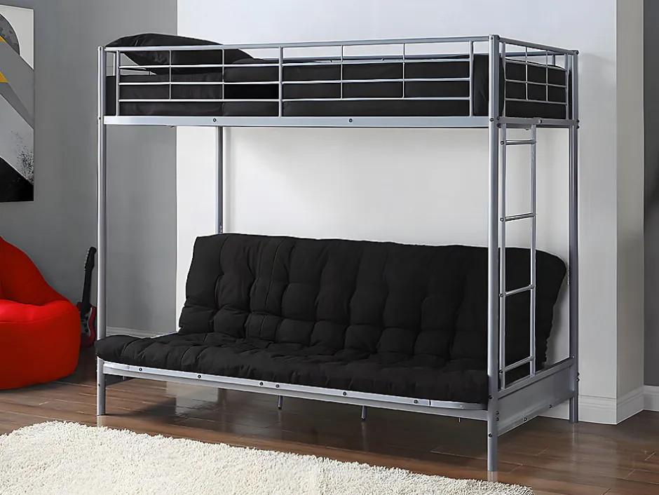 Vente-unique Lit mezzanine 90 x 190 cm - Avec banquette convertible - Métal - Argent + Futon noir - MODULO V