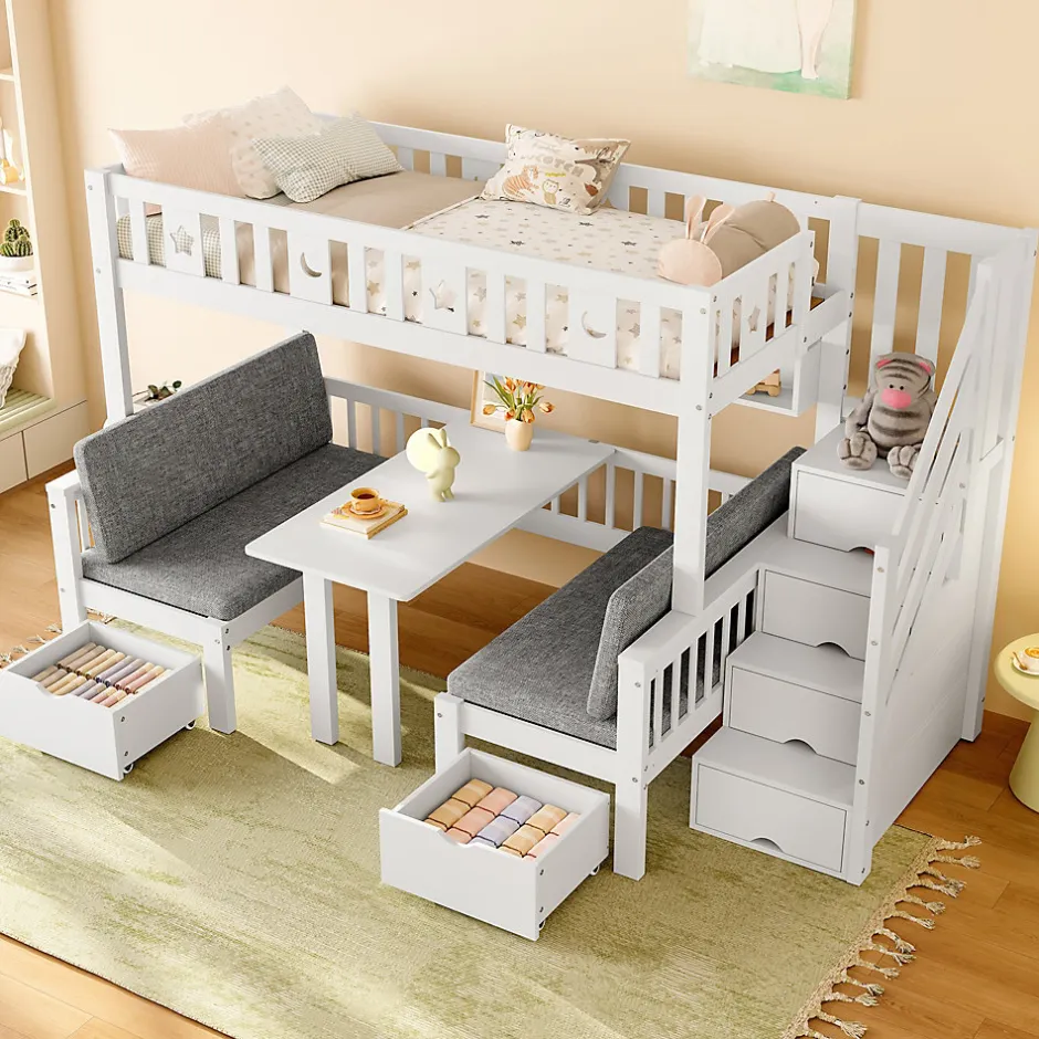 Okwish Lit Mezzanine 90 x 200 cm - avec Bureau et Lit Supplémentaire 2-en-1, Échelle de Rangement - Pin et MDF - Sans Matelas - Blanc