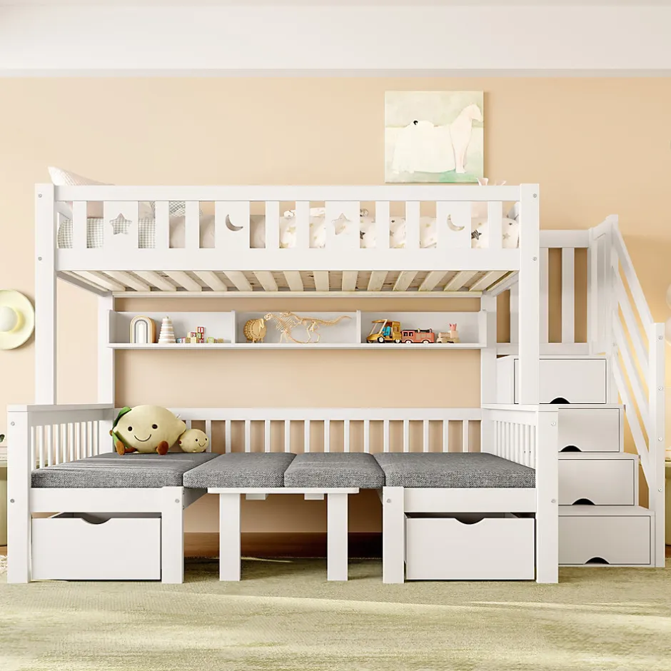 Okwish Lit Mezzanine 90 x 200 cm - avec Bureau et Lit Supplémentaire 2-en-1, Échelle de Rangement - Pin et MDF - Sans Matelas - Blanc