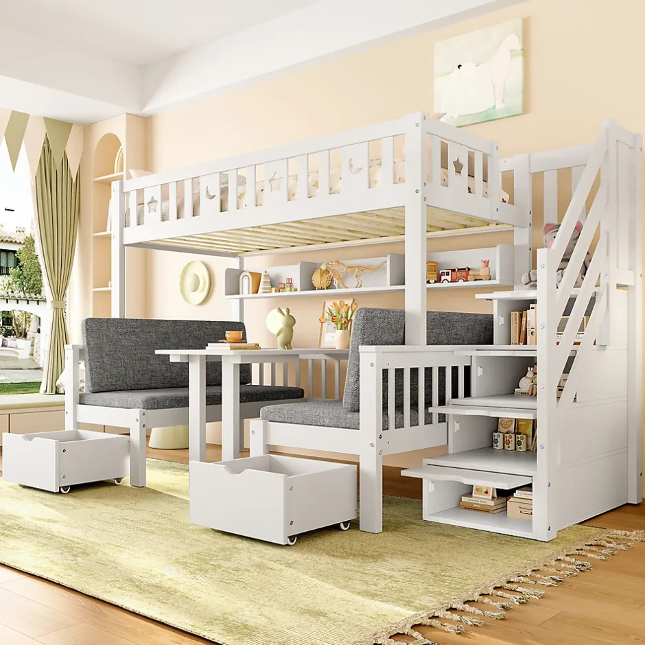 Okwish Lit Mezzanine 90 x 200 cm - avec Bureau et Lit Supplémentaire 2-en-1, Échelle de Rangement - Pin et MDF - Sans Matelas - Blanc