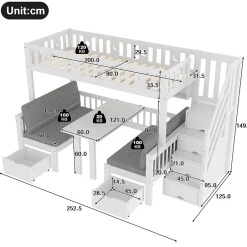 Okwish Lit Mezzanine 90 x 200 cm - avec Bureau et Lit Supplémentaire 2-en-1, Échelle de Rangement - Pin et MDF - Sans Matelas - Blanc