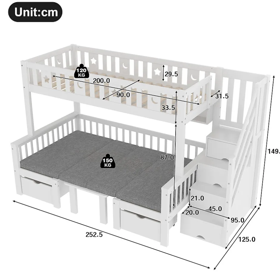 Okwish Lit Mezzanine 90 x 200 cm - avec Bureau et Lit Supplémentaire 2-en-1, Échelle de Rangement - Pin et MDF - Sans Matelas - Blanc
