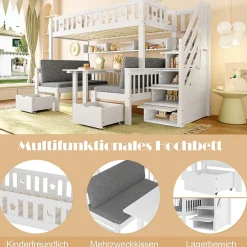 Okwish Lit Mezzanine 90 x 200 cm - avec Bureau et Lit Supplémentaire 2-en-1, Échelle de Rangement - Pin et MDF - Sans Matelas - Blanc