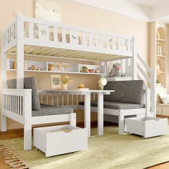 Okwish Lit Mezzanine 90 x 200 cm - avec Bureau et Lit Supplémentaire 2-en-1, Échelle de Rangement - Pin et MDF - Sans Matelas - Blanc