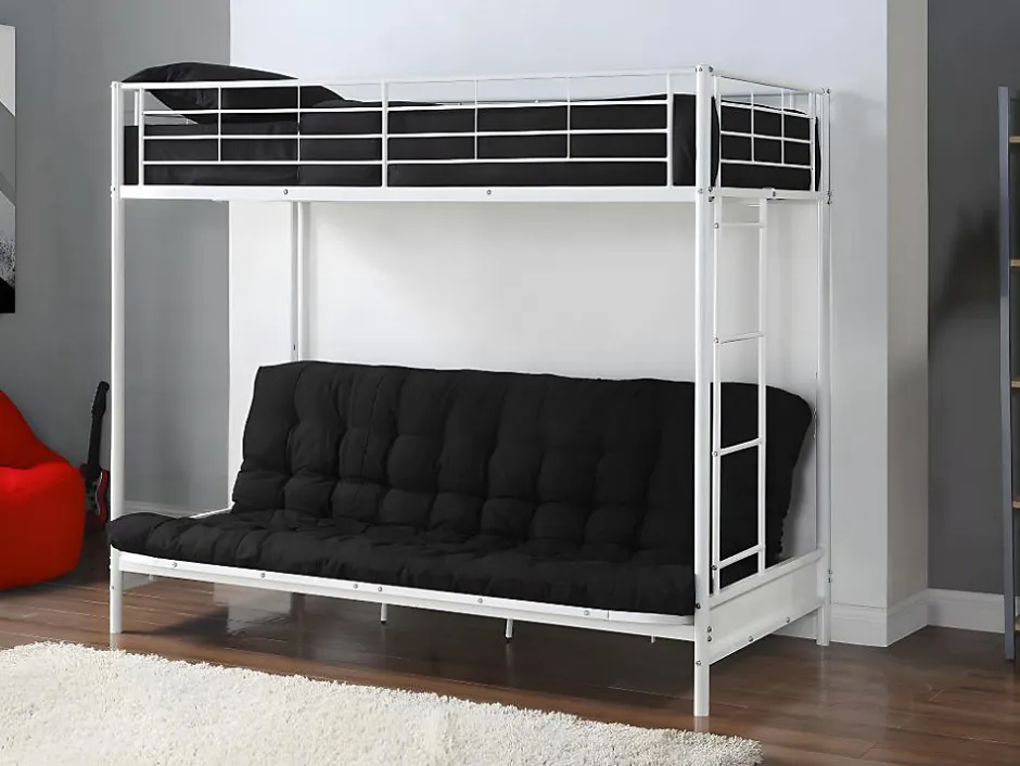 Vente-unique Lit mezzanine 90 x 190 cm - Avec banquette convertible - Métal - Blanc + Futon + Matelas - MODULO V