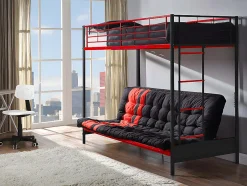Vente-unique Lit mezzanine 90 x 190 cm - Avec banquette convertible - Métal - Noir et rouge + Futon - MODULO V