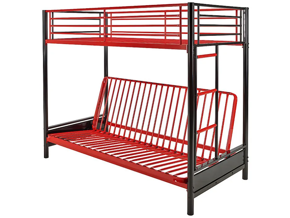 Vente-unique Lit mezzanine 90 x 190 cm - Avec banquette convertible - Métal - Noir et rouge + Futon - MODULO V