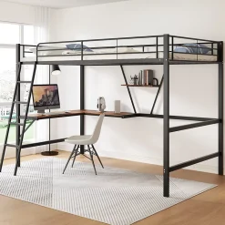 Okwish Lit Mezzanine 90 x 200 cm - Lit Simple avec Bureau en L et Étagère - Métal + MDF - Sans Matelas - Noir Clearance