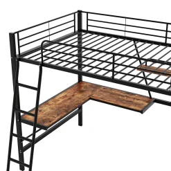 Okwish Lit Mezzanine 90 x 200 cm - Lit Simple avec Bureau en L et Étagère - Métal + MDF - Sans Matelas - Noir Clearance