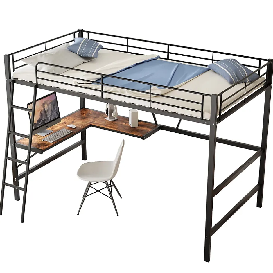 Okwish Lit Mezzanine 90 x 200 cm - Lit Simple avec Bureau en L et Étagère - Métal + MDF - Sans Matelas - Noir Clearance