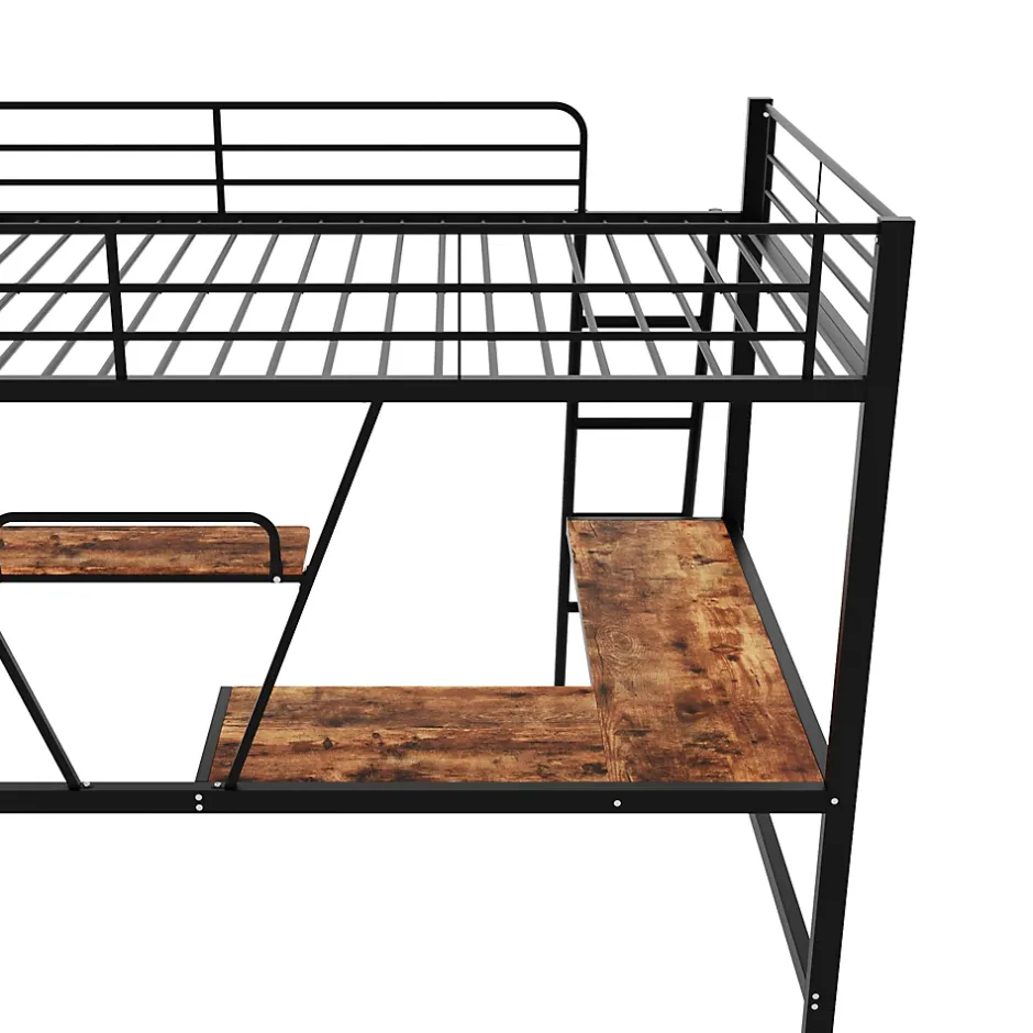 Okwish Lit Mezzanine 90 x 200 cm - Lit Simple avec Bureau en L et Étagère - Métal + MDF - Sans Matelas - Noir Clearance