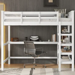 Okwish Lit Mezzanine 140 x 200 cm - Lit enfant avec Bureau et Rangements - Pin + MDF - Sans Matelas - Blanc