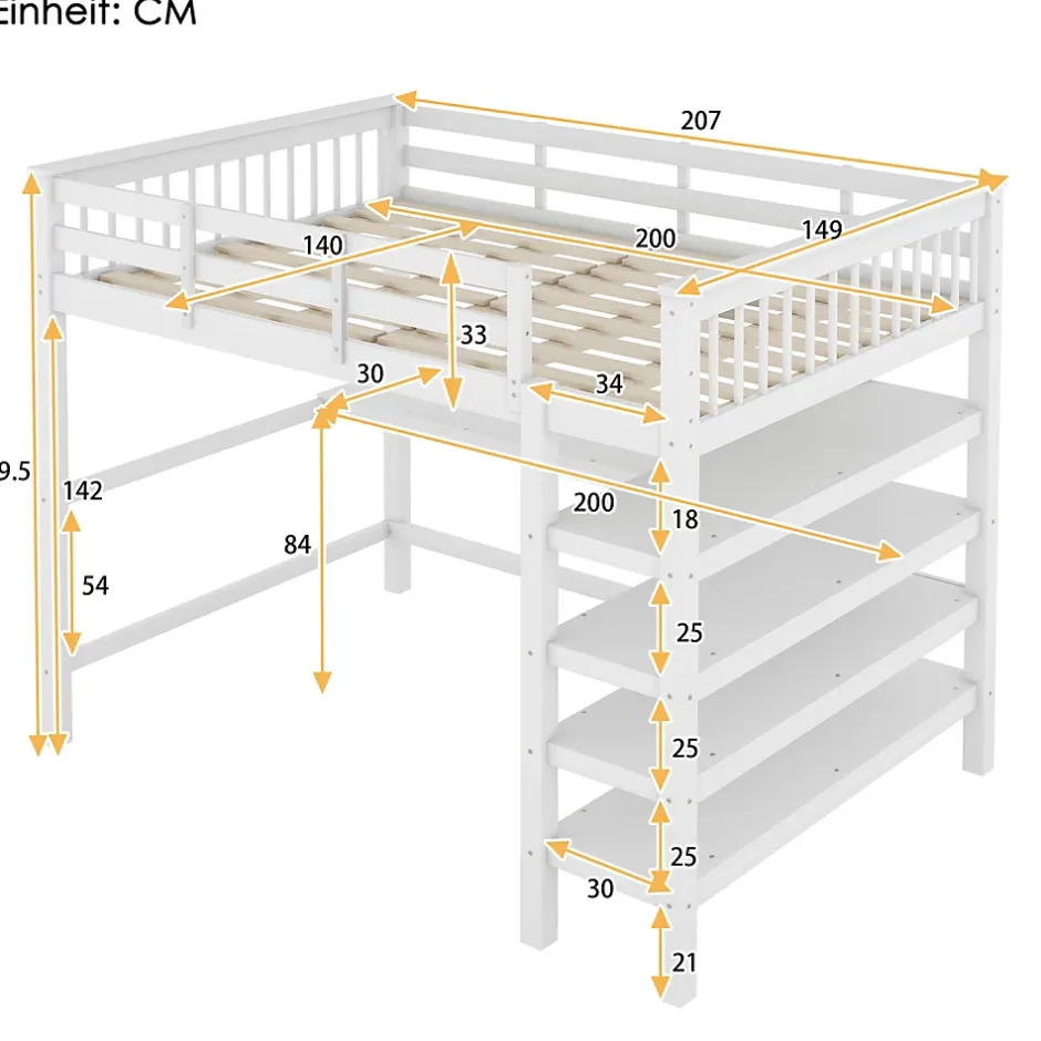 Okwish Lit Mezzanine 140 x 200 cm - Lit enfant avec Bureau et Rangements - Pin + MDF - Sans Matelas - Blanc