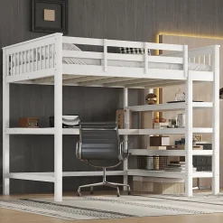 Okwish Lit Mezzanine 140 x 200 cm - Lit enfant avec Bureau et Rangements - Pin + MDF - Sans Matelas - Blanc