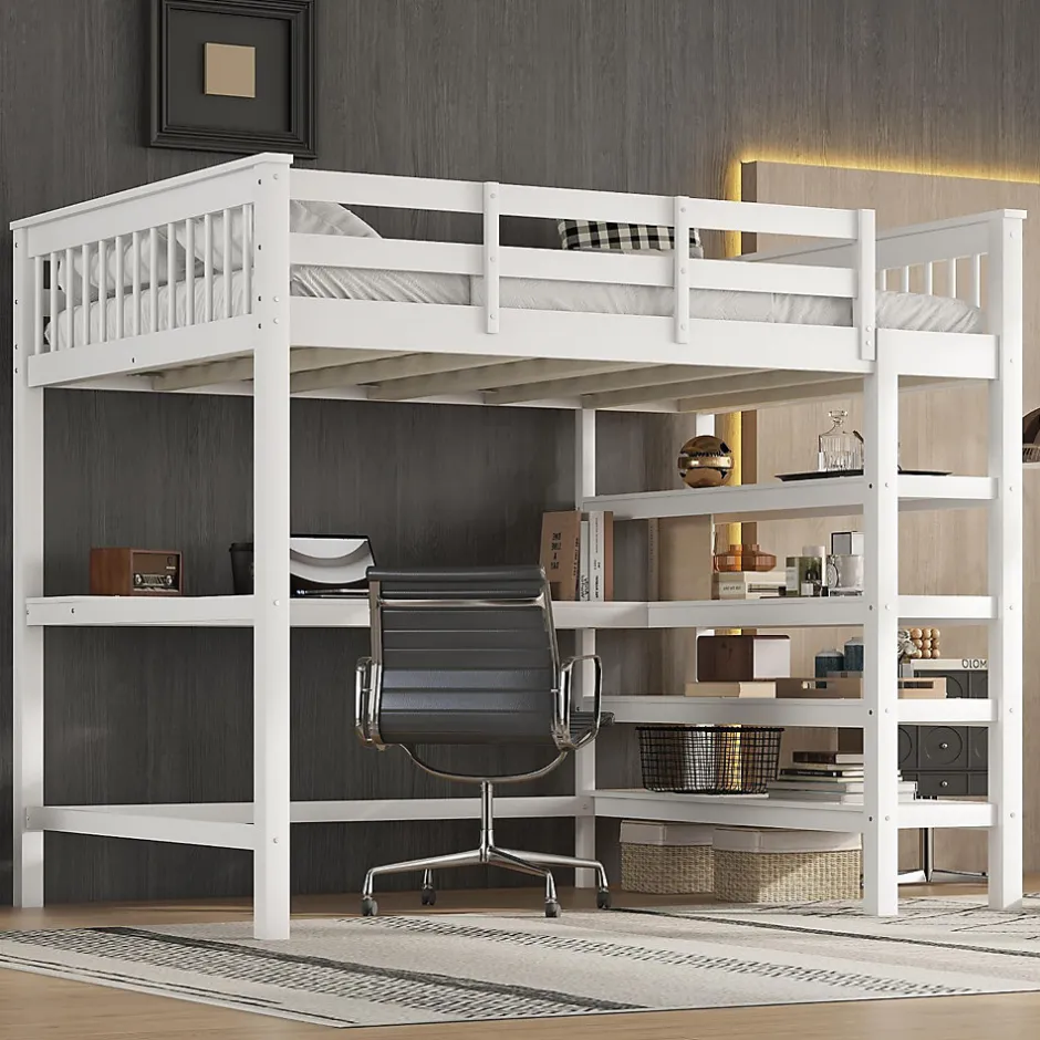 Okwish Lit Mezzanine 140 x 200 cm - Lit enfant avec Bureau et Rangements - Pin + MDF - Sans Matelas - Blanc