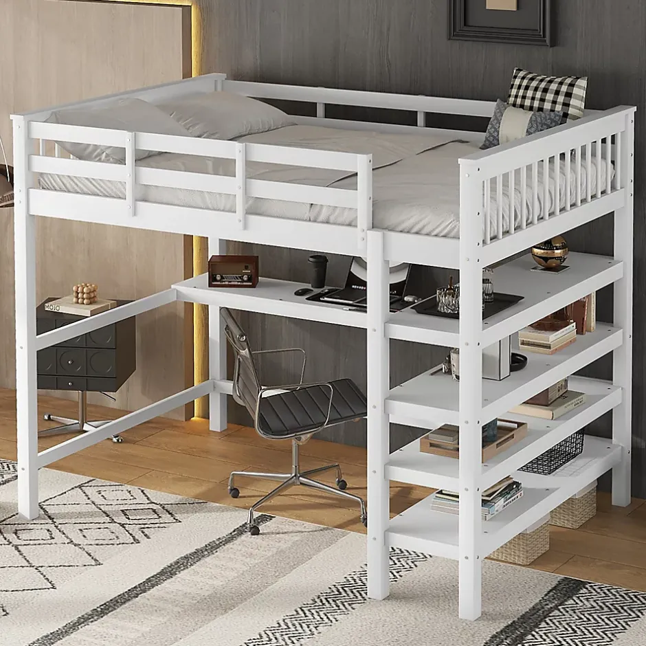 Okwish Lit Mezzanine 140 x 200 cm - Lit enfant avec Bureau et Rangements - Pin + MDF - Sans Matelas - Blanc