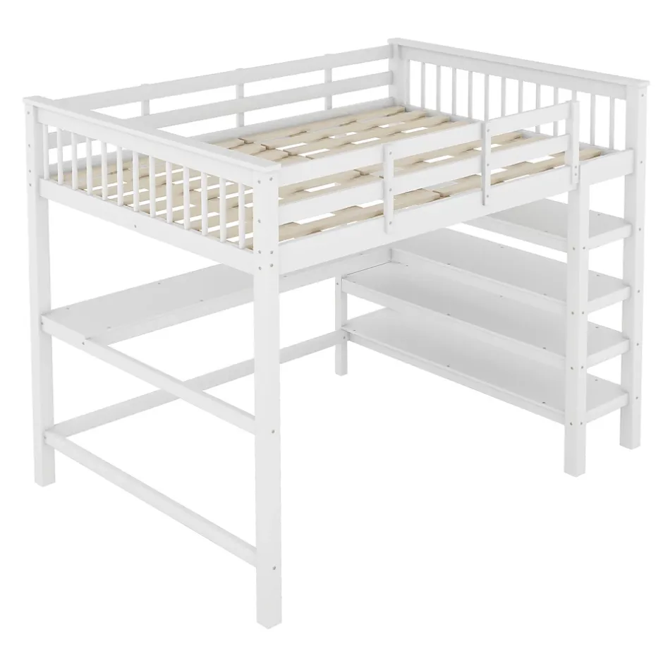 Okwish Lit Mezzanine 140 x 200 cm - Lit enfant avec Bureau et Rangements - Pin + MDF - Sans Matelas - Blanc