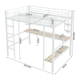 Okwish Lit Mezzanine 90 x 200 cm - Lit avec Bureau et Étagères - Métal + MDF - Sans Matelas - Blanc