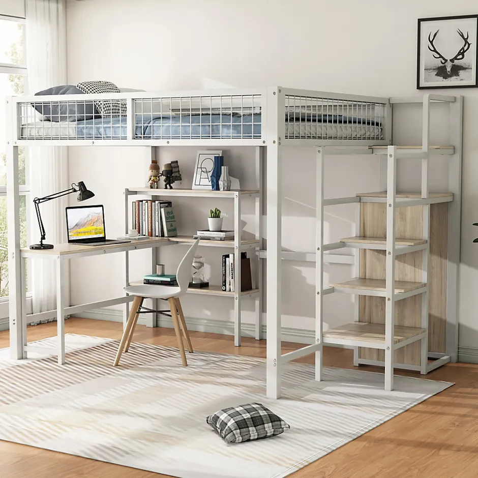 Generique Lit Mezzanine 140 x 200 cm - Lit avec Bureau et Étagères - Métal + MDF - Sans Matelas - Blanc