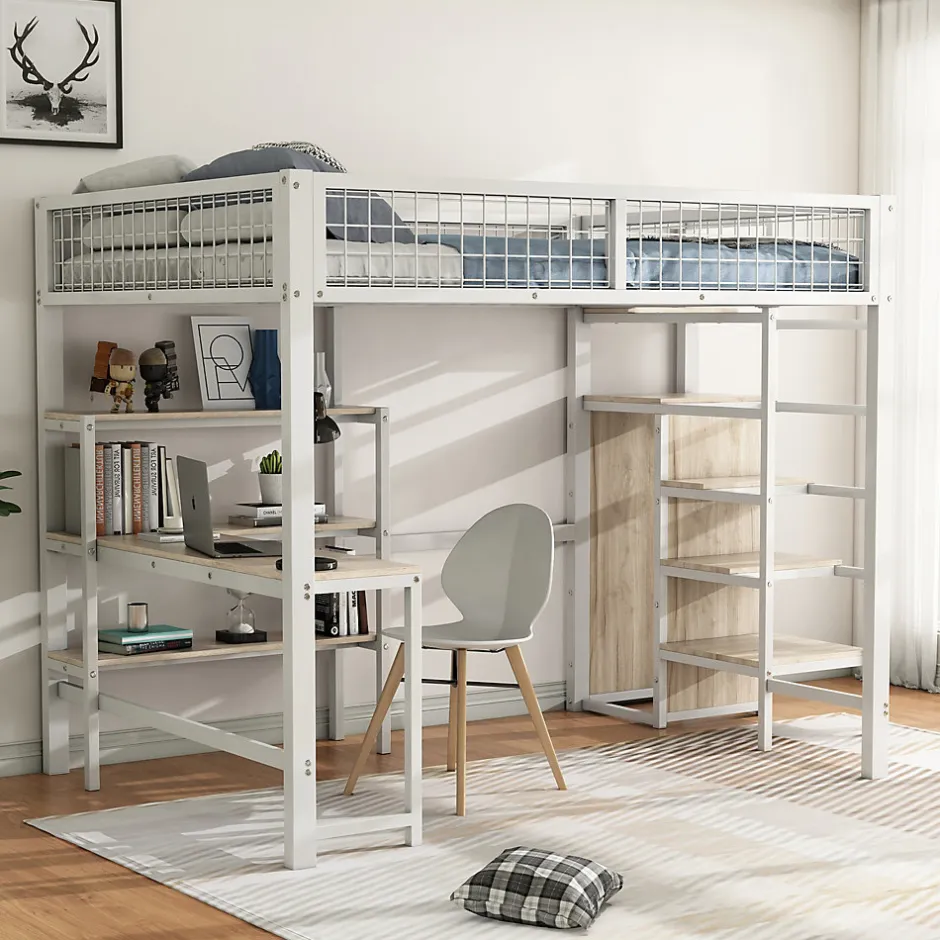 Generique Lit Mezzanine 140 x 200 cm - Lit avec Bureau et Étagères - Métal + MDF - Sans Matelas - Blanc