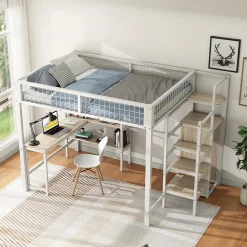 Generique Lit Mezzanine 140 x 200 cm - Lit avec Bureau et Étagères - Métal + MDF - Sans Matelas - Blanc
