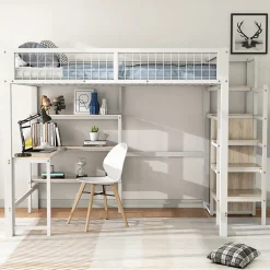 Generique Lit Mezzanine 140 x 200 cm - Lit avec Bureau et Étagères - Métal + MDF - Sans Matelas - Blanc