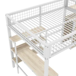 Generique Lit Mezzanine 140 x 200 cm - Lit avec Bureau et Étagères - Métal + MDF - Sans Matelas - Blanc