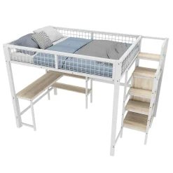 Generique Lit Mezzanine 140 x 200 cm - Lit avec Bureau et Étagères - Métal + MDF - Sans Matelas - Blanc
