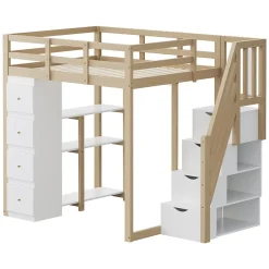 Okwish Lit Mezzanine 140 x 200 cm - Lit Mezzanine Ado avec Commode, Tiroirs et Étagères - Échelle Antidérapante Sécurité - Bois Blanc Discount