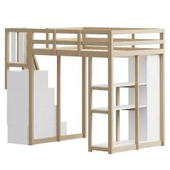 Okwish Lit Mezzanine 140 x 200 cm - Lit Mezzanine Ado avec Commode, Tiroirs et Étagères - Échelle Antidérapante Sécurité - Bois Blanc Discount
