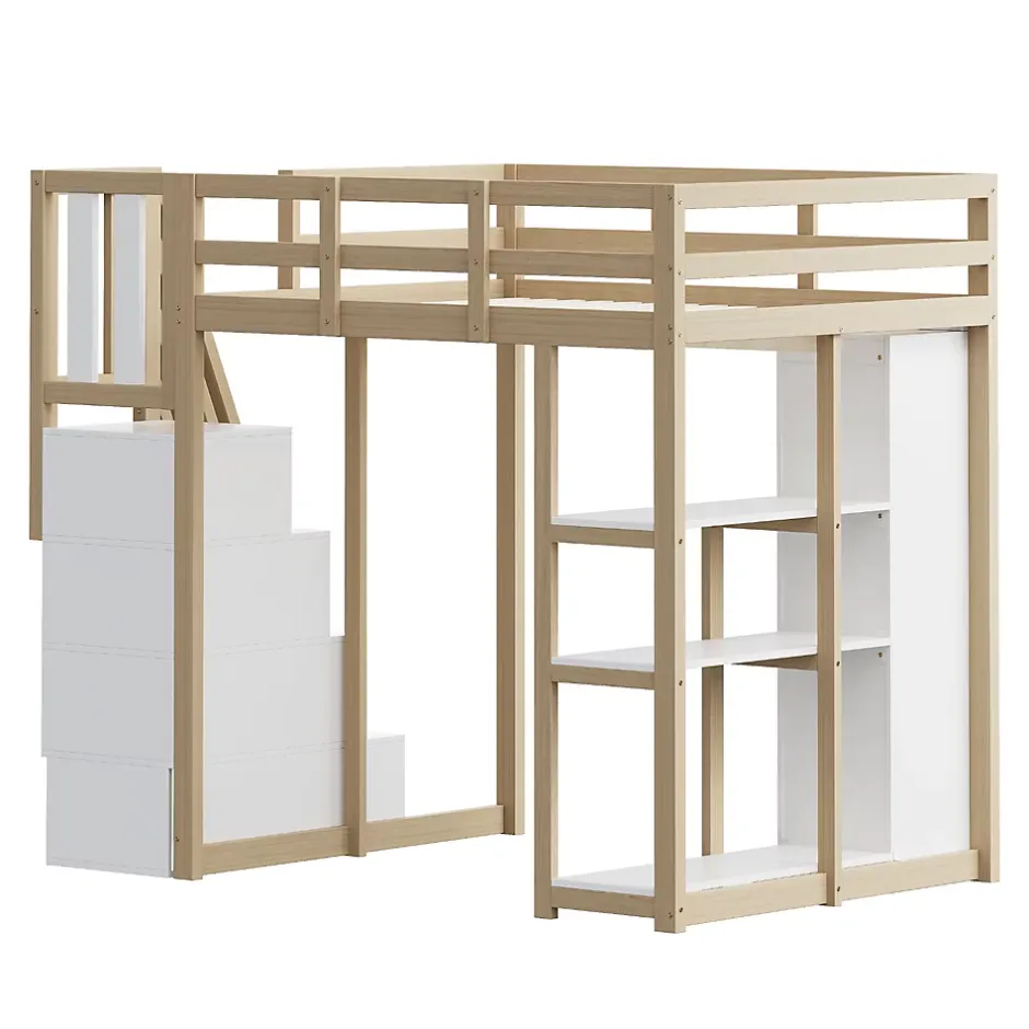 Okwish Lit Mezzanine 140 x 200 cm - Lit Mezzanine Ado avec Commode, Tiroirs et Étagères - Échelle Antidérapante Sécurité - Bois Blanc Discount