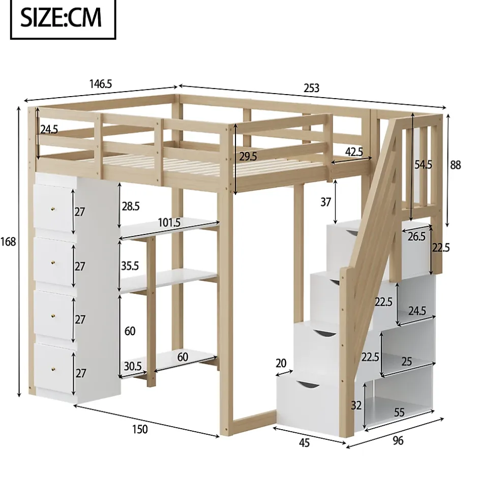 Okwish Lit Mezzanine 140 x 200 cm - Lit Mezzanine Ado avec Commode, Tiroirs et Étagères - Échelle Antidérapante Sécurité - Bois Blanc Discount