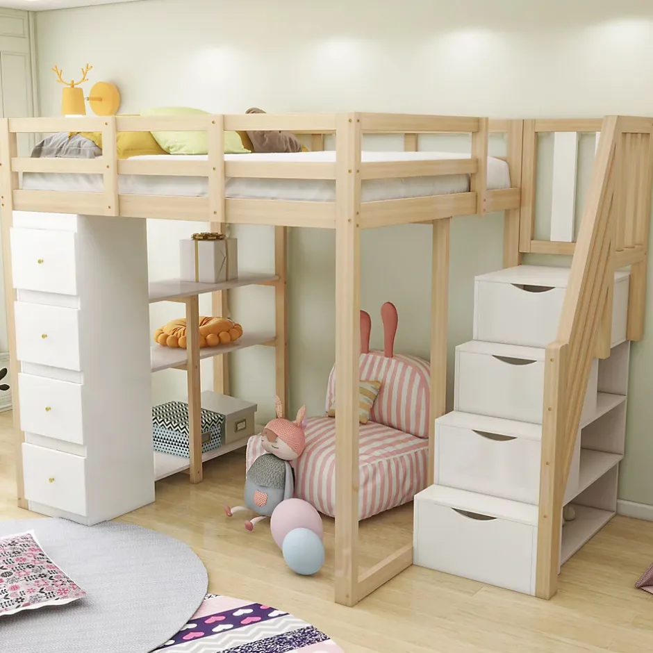 Okwish Lit Mezzanine 140 x 200 cm - Lit Mezzanine Ado avec Commode, Tiroirs et Étagères - Échelle Antidérapante Sécurité - Bois Blanc Discount