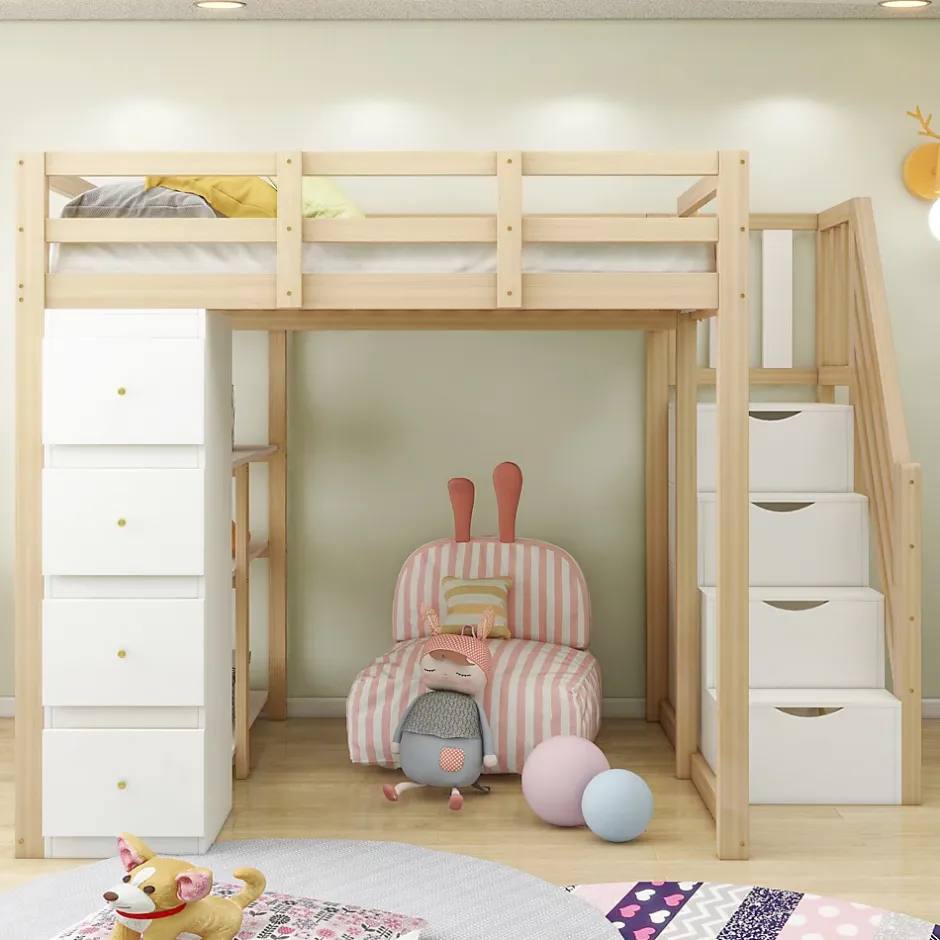 Okwish Lit Mezzanine 140 x 200 cm - Lit Mezzanine Ado avec Commode, Tiroirs et Étagères - Échelle Antidérapante Sécurité - Bois Blanc Discount