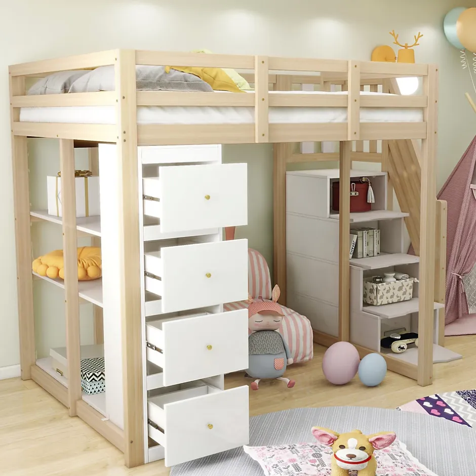 Okwish Lit Mezzanine 140 x 200 cm - Lit Mezzanine Ado avec Commode, Tiroirs et Étagères - Échelle Antidérapante Sécurité - Bois Blanc Discount