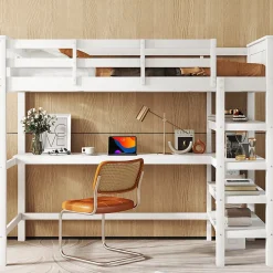 Generique Lit Mezzanine 90 x 200 cm - Lit enfant avec Bureau et Rangements - Pin + MDF - Sans Matelas - Blanc Outlet